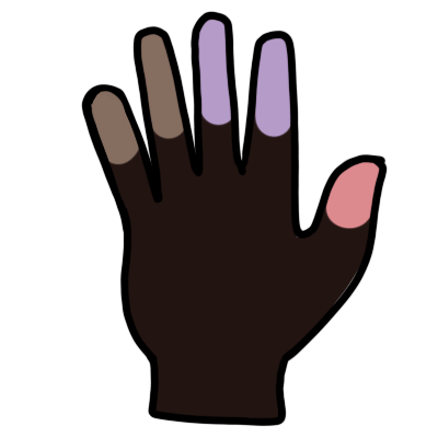 A simple hand. Two fingers are pale, two are a light purplish-blue, and one is reddish-pink. The hand is dark brown.